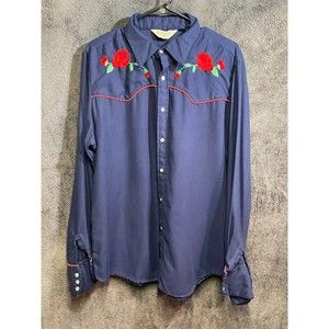 Vintage Hoot-Spah Western Cowboy Roses Pearl Snap Closure Long Sleeve Blue XL